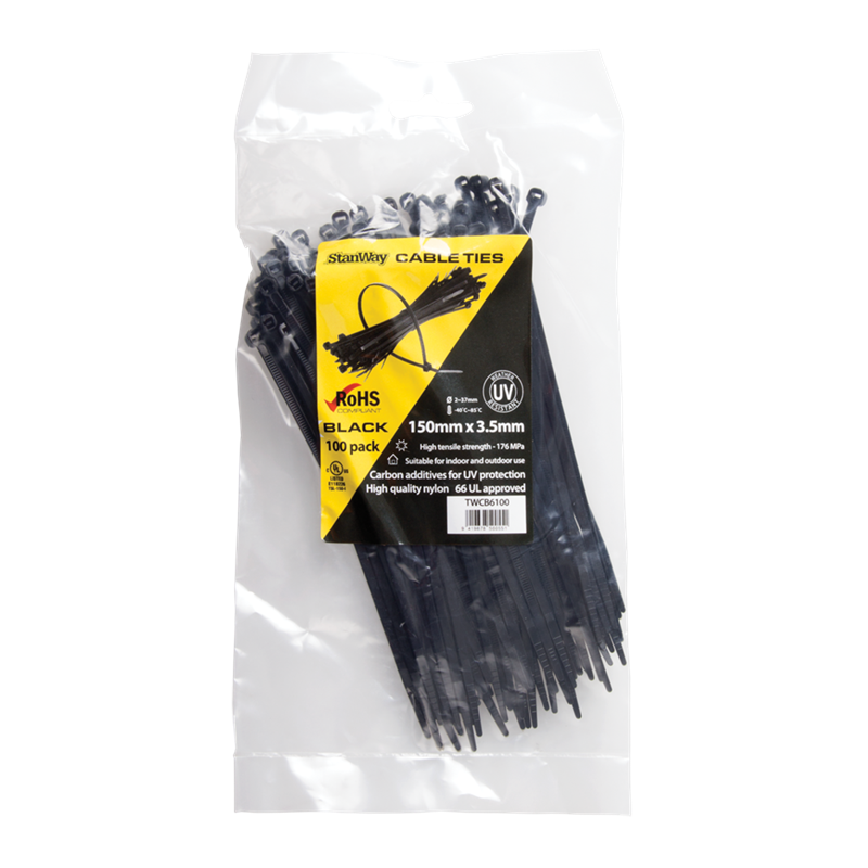 TWCB6100 Stanway Cable Tie UV Black 150mm x 3.5mm 100 pack - Image 1