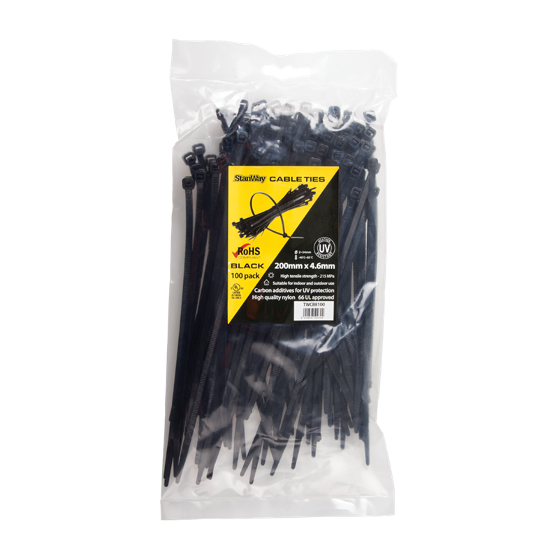 TWCB8100 Stanway Cable Tie UV Black 200mm x 4.6mm 100 pack - Image 1